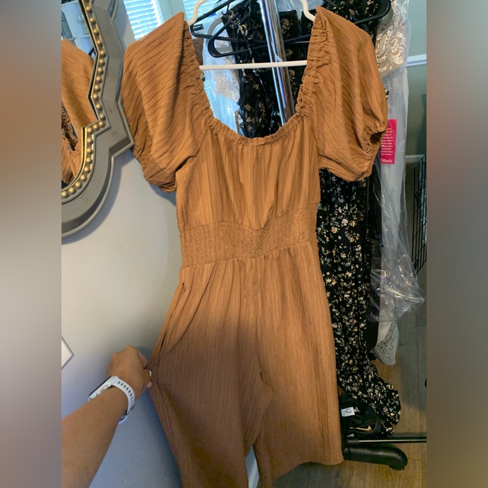Blush brand - brown mid calf length romper/jumper. Cinched waist, cuffed sleeves